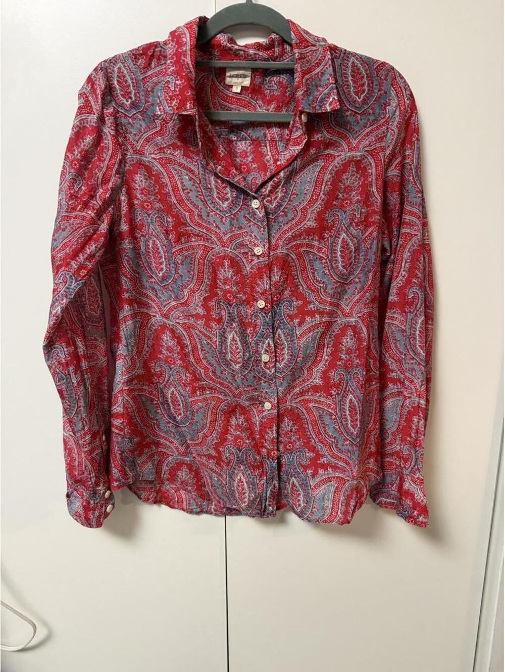 J.Crew Women's Red blue paisley silk cotton blend button-up blouse sz S boho art